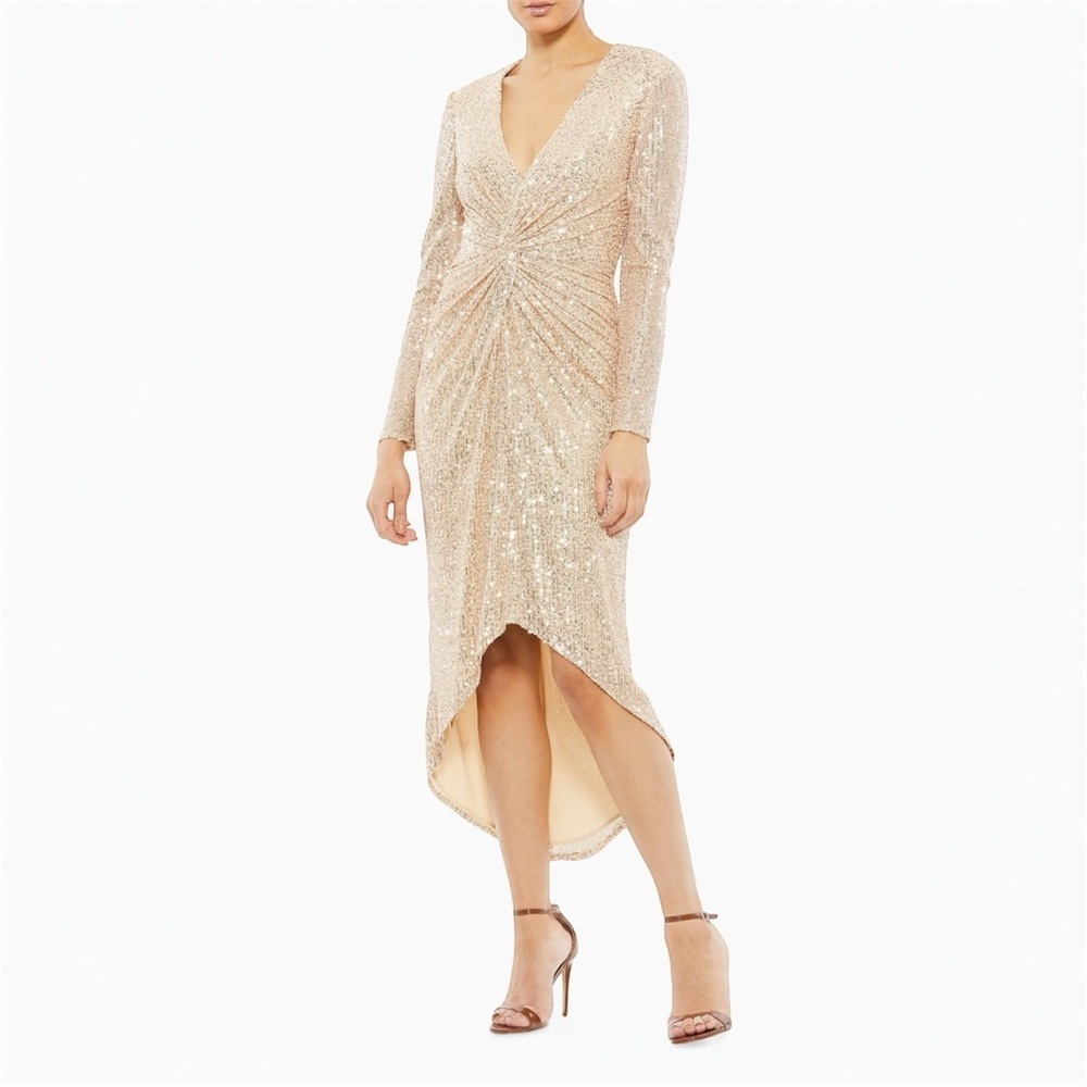 Mac Duggal Ieena sequin knotted long-sleeve midi dress Size 14